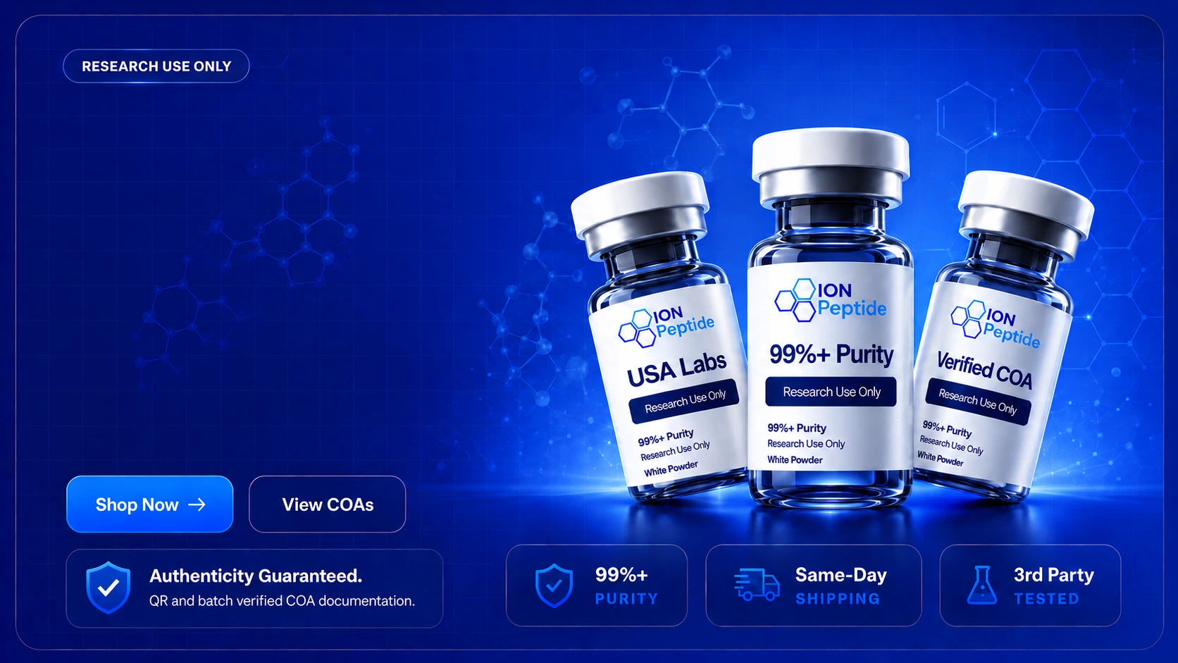 Ion Peptide research product vials with purity, laboratory and verified COA labeling