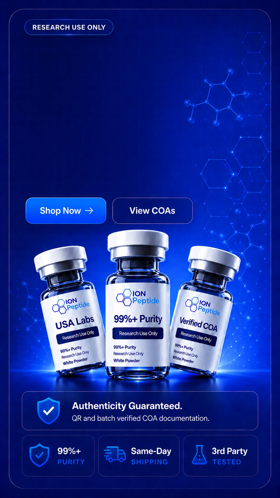 Ion Peptide research product vials with purity, laboratory and verified COA labeling